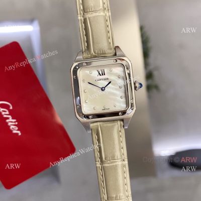 Clone Cartier Santos-dumont Lovers Watches White Mop Dial Gray Leather Strap